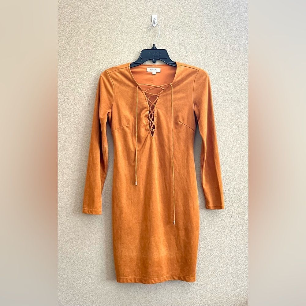 GAEA Suede Camel Lace Up Long Sleeve Dress
